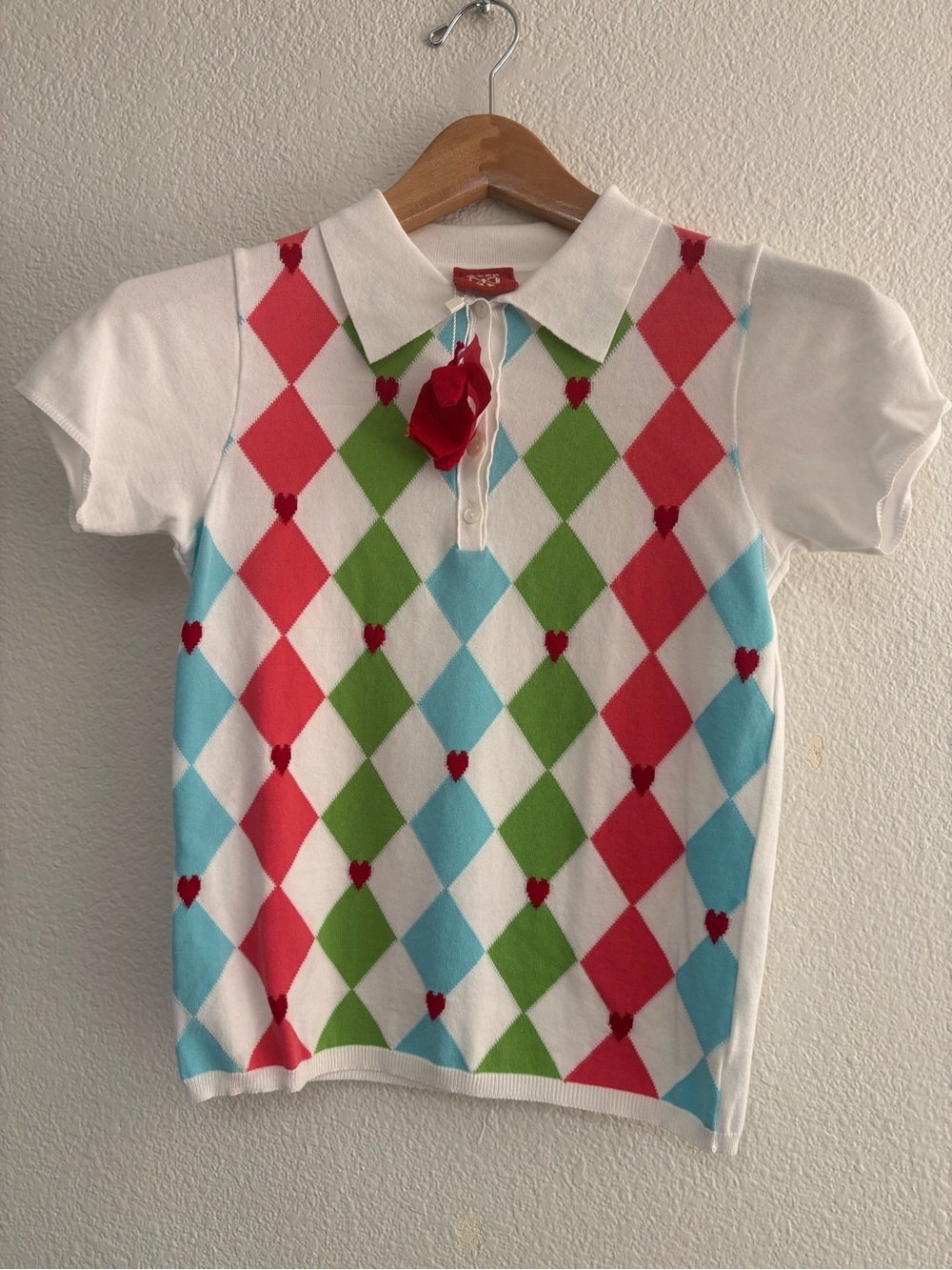 Twin-Set Girls' Argyle Polo Top in White, Red, Green & Blue